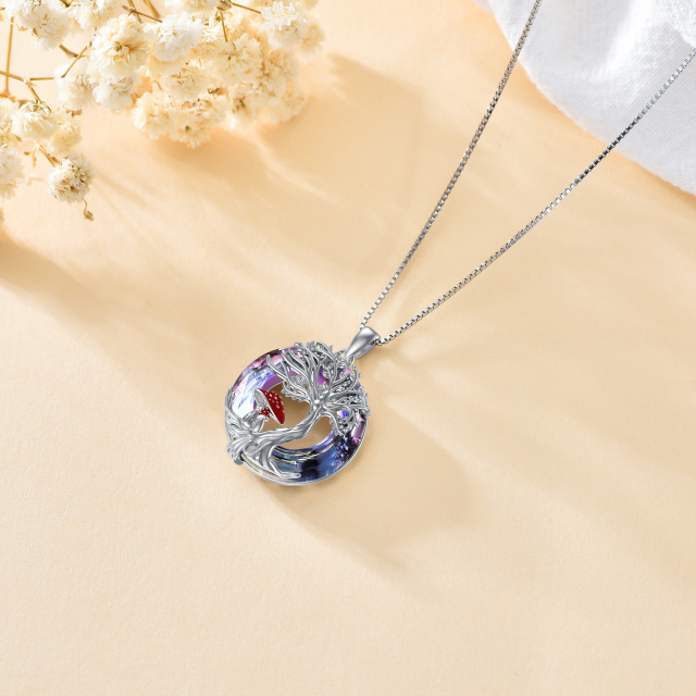 Sterling Silver Circular Shaped Mushroom & Tree Of Life Crystal Pendant Necklace-4