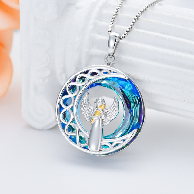 Sterling Silver Two-tone Round Cat & Angel Wing & Moon Crystal Pendant Necklace-2