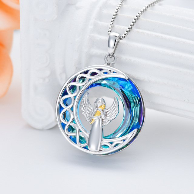 Collier avec pendentif rond en argent sterling bicolore avec pendentif en cristal de lune, aile d'ange et chat-2