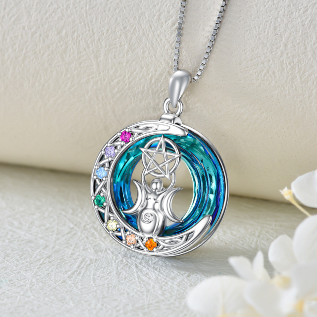 Sterling Silver Circular Shaped Chakras & Triple Moon Goddess Crystal Pendant Necklace-2