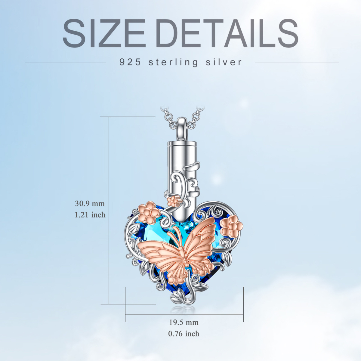 Sterling Silber zweifarbig Herzform Kristall Schmetterling & Herz Urne Halskette-6