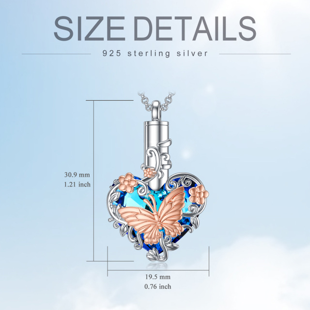 Sterling Silver Two-tone Heart Shaped Crystal Butterfly & Heart Urn Necklace for Ashes-5