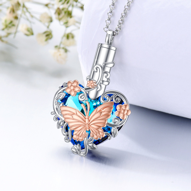 Sterling Silver Two-tone Heart Shaped Crystal Butterfly & Heart Urn Necklace for Ashes-4