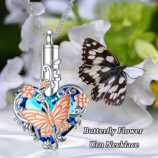 Sterling Silver Two-tone Heart Shaped Crystal Butterfly & Heart Urn Necklace for Ashes-4