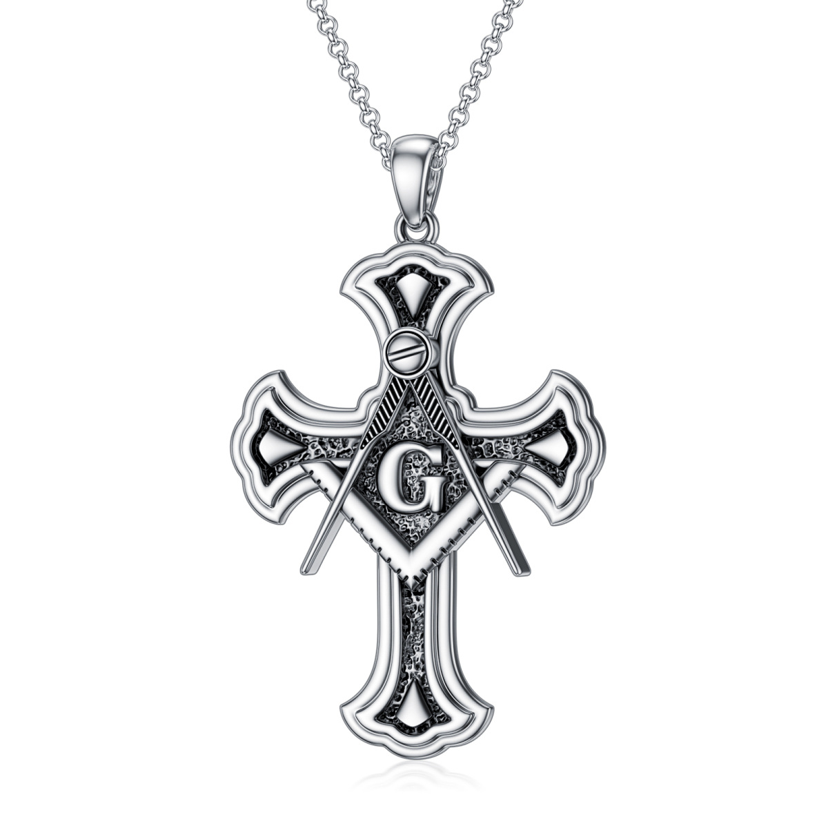 Sterling Silver Compass & Cross & Masonic Symbol Pendant Necklace for Men-1