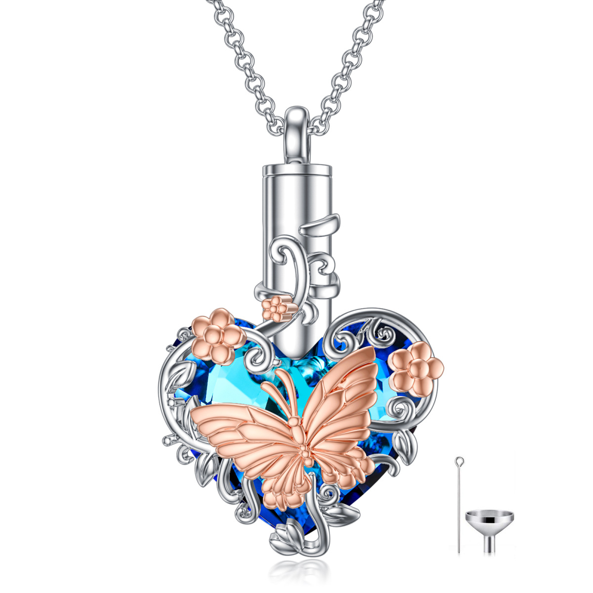 Sterling Silver Two-tone Heart Shaped Crystal Butterfly & Heart Urn Necklace for Ashes-1