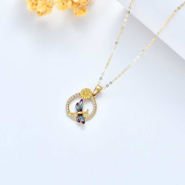 14K Gold Circular Shaped Cubic Zirconia Dragonfly & Daisy Pendant Necklace-3