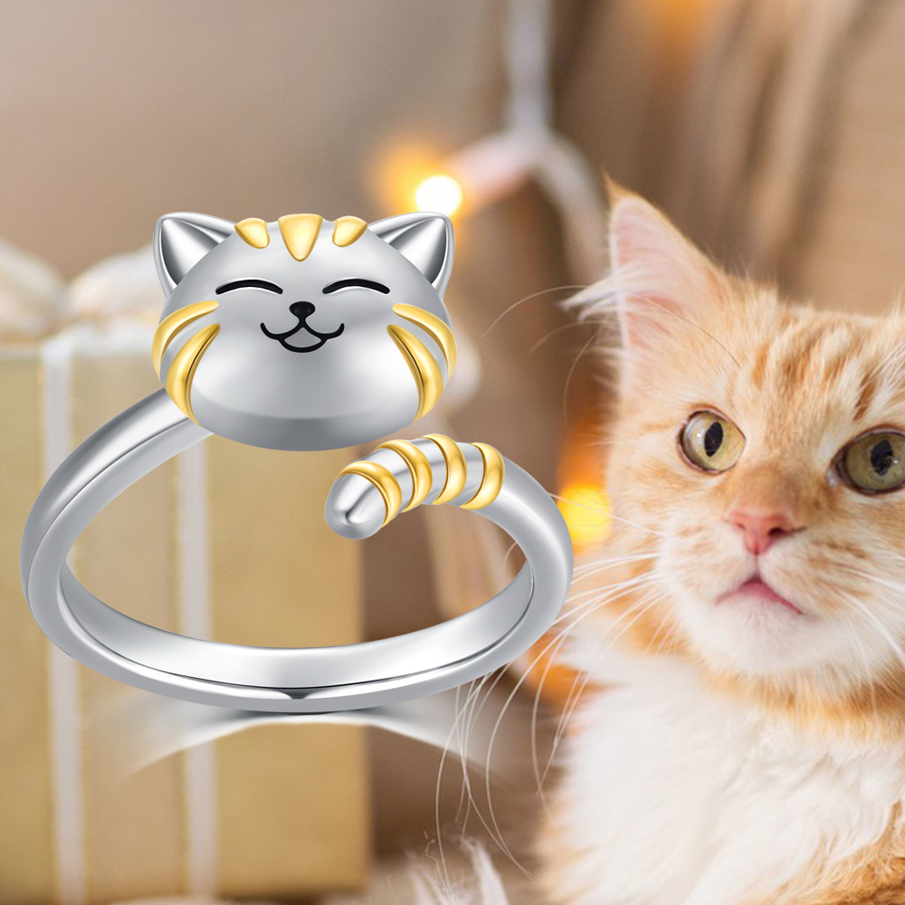 Bague ouverte en argent sterling avec chat bicolore-4