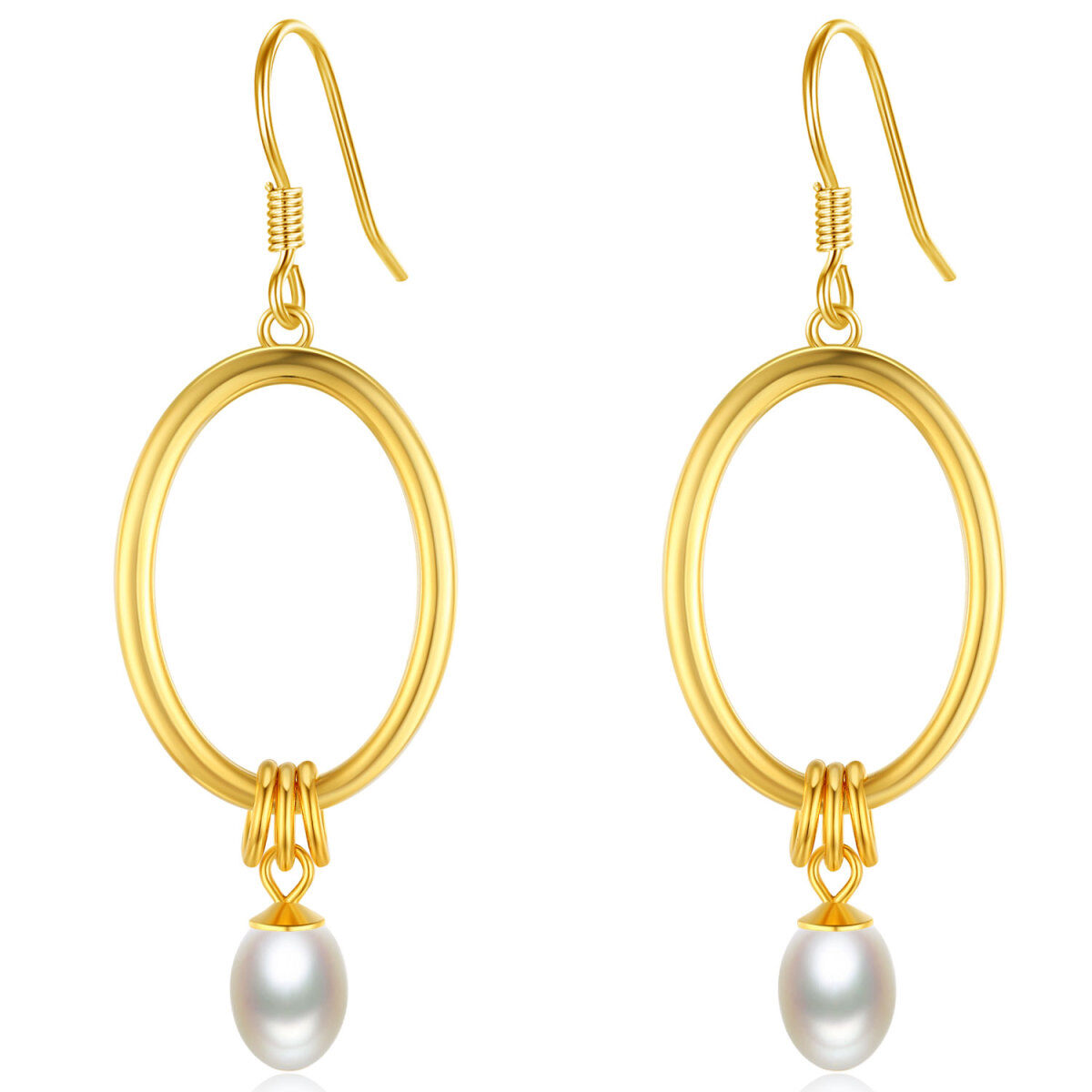 Sterling Silver with Yellow Gold Plated Oval Pearl Oval Shaped Drop Earrings-1