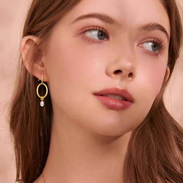 Boucles d'oreilles pendantes en argent sterling avec perles ovales plaquées or jaune-1