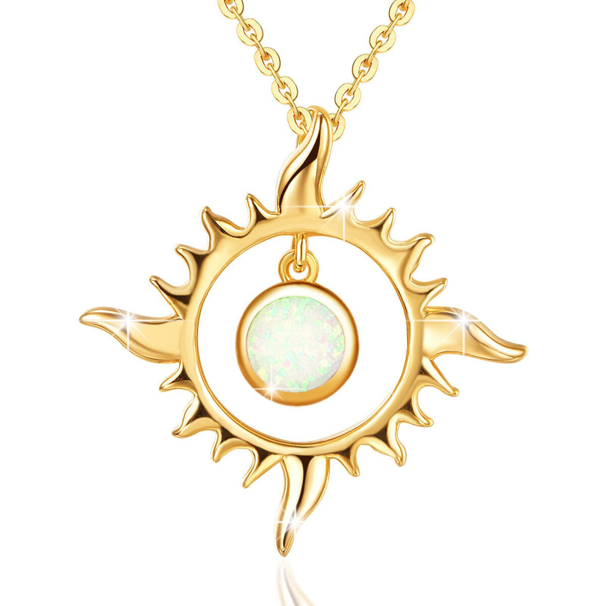 Sterling Silver with Yellow Gold Plated Circular Shaped Opal Sun Pendant Necklace-1