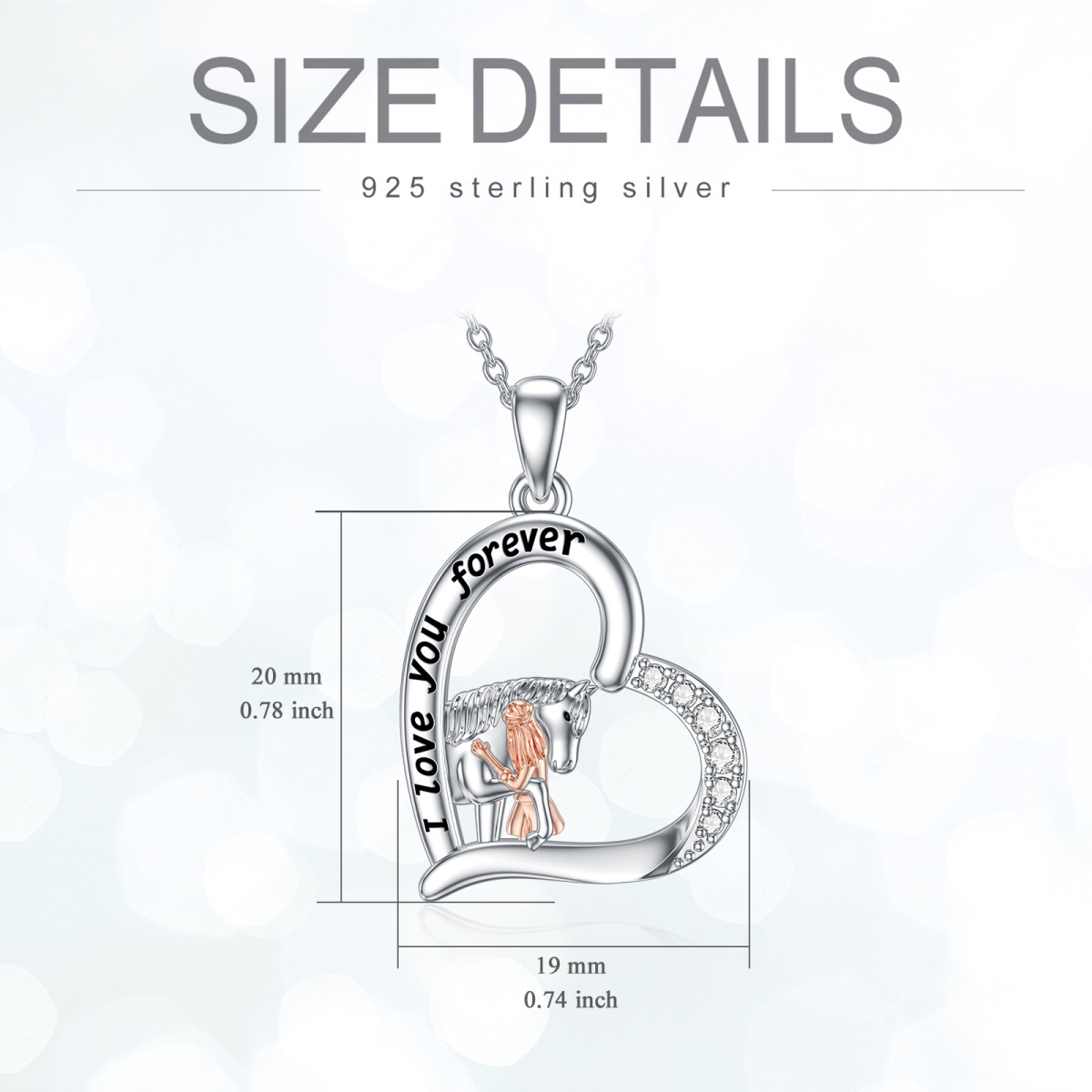 Sterling Silver Two-tone Zircon Horse & Heart Pendant Necklace with Engraved Word-6