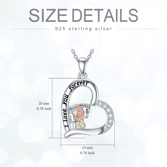 Sterling Silver Two-tone Zircon Horse & Heart Pendant Necklace with Engraved Word-5