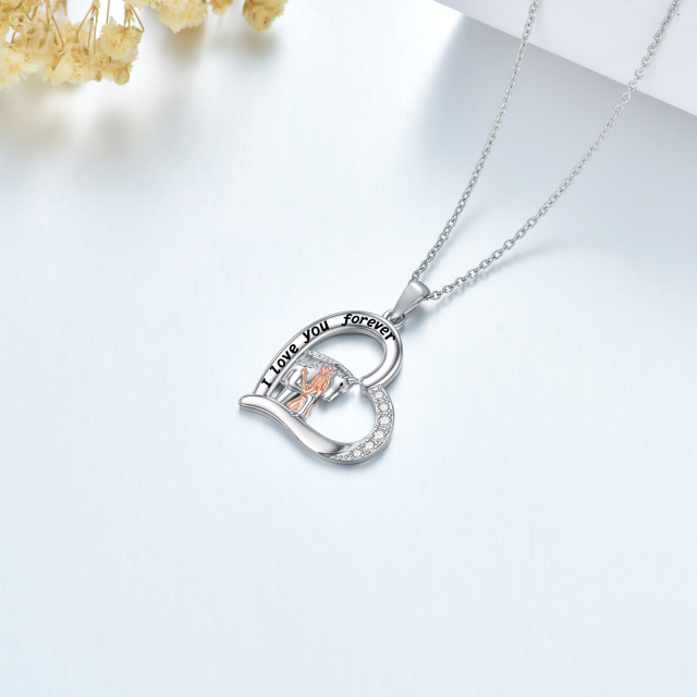 Sterling Silver Two-tone Zircon Horse & Heart Pendant Necklace with Engraved Word-2