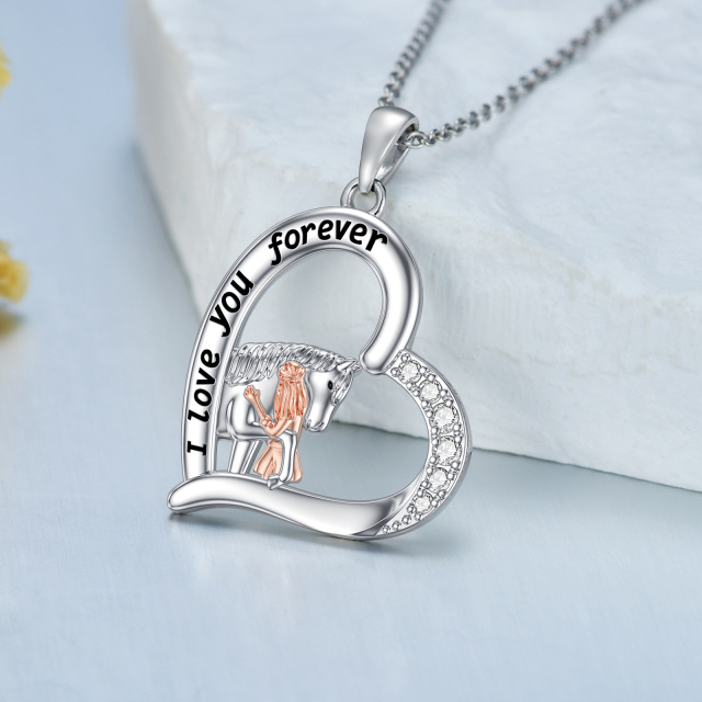 Sterling Silver Two-tone Zircon Horse & Heart Pendant Necklace with Engraved Word-3