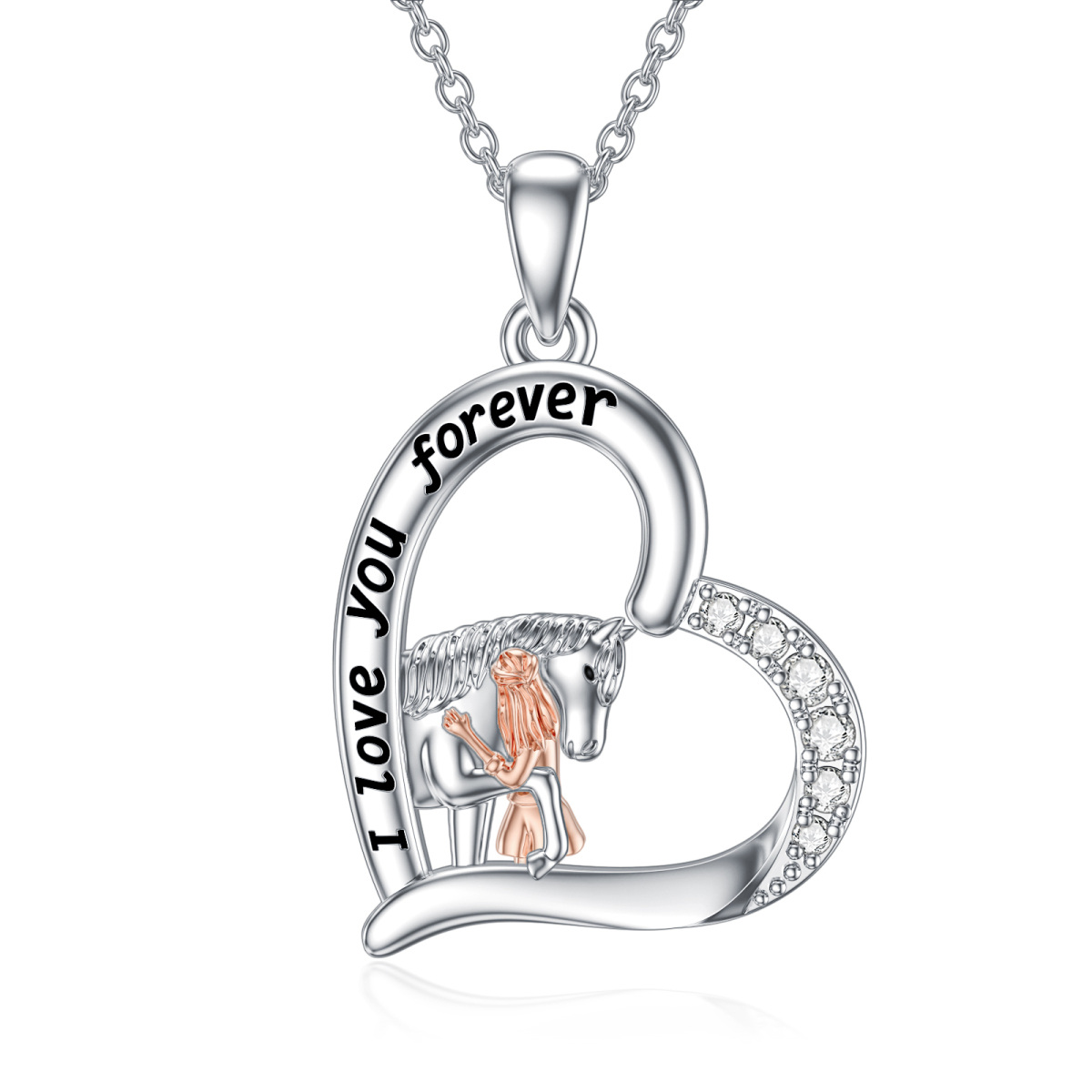 Sterling Silver Two-tone Zircon Horse & Heart Pendant Necklace with Engraved Word-1