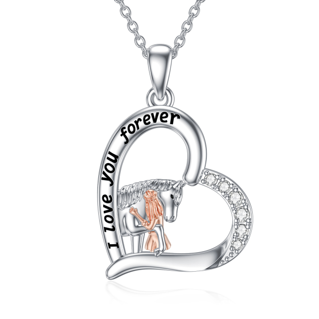 Sterling Silver Two-tone Zircon Horse & Heart Pendant Necklace with Engraved Word-0