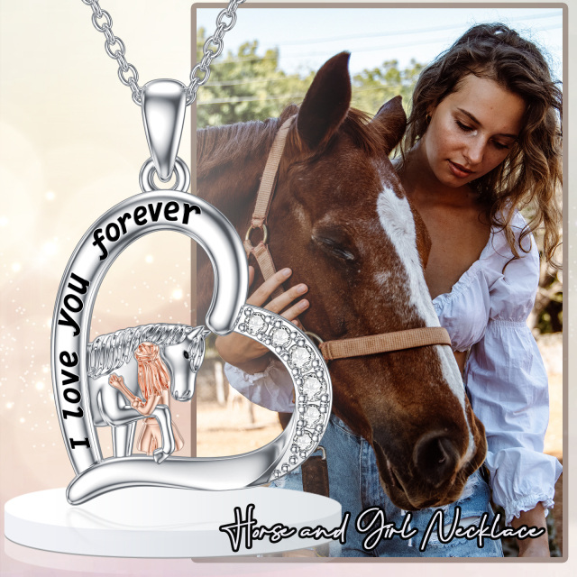 Sterling Silver Two-tone Zircon Horse & Heart Pendant Necklace with Engraved Word-4