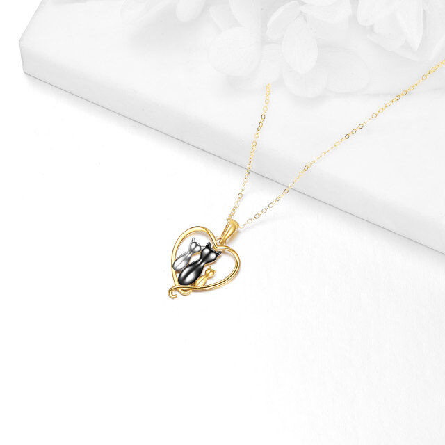 14K Gold Tri-tone Cat Family Heart Pendant Necklace-3