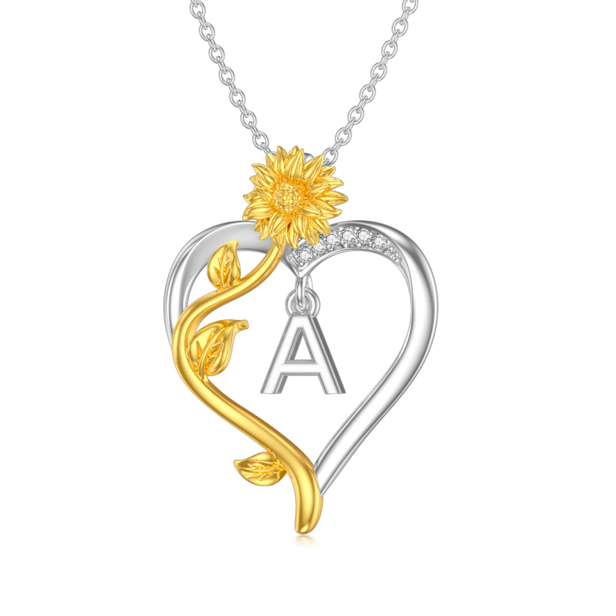 Sterling Silver Two-tone Circular Shaped Cubic Zirconia Sunflower & Heart Pendant Necklace with Initial Letter A-1