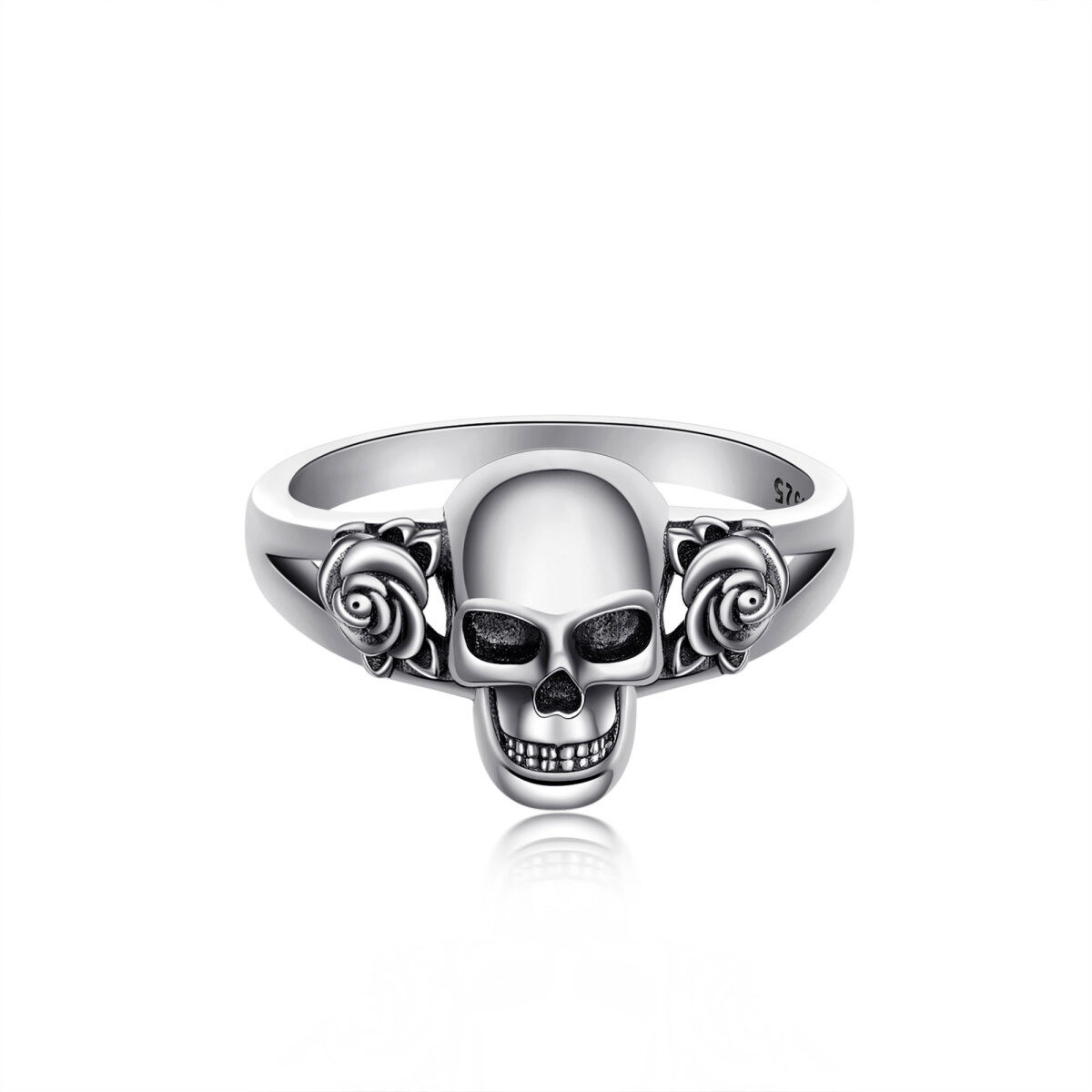 Anillos de calavera de plata de ley 925 con cabeza de calavera gótica con flor de rosa-1