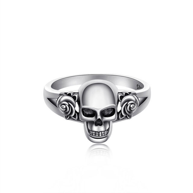 Skull Rings 925 Sterling Silver Gothic Skull Head with Rose Flower-0