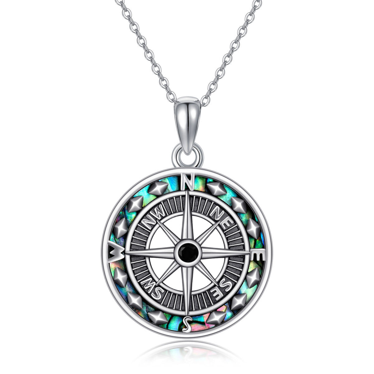 Sterling Silver Two-tone Abalone Shellfish Compass Pendant Necklace-1