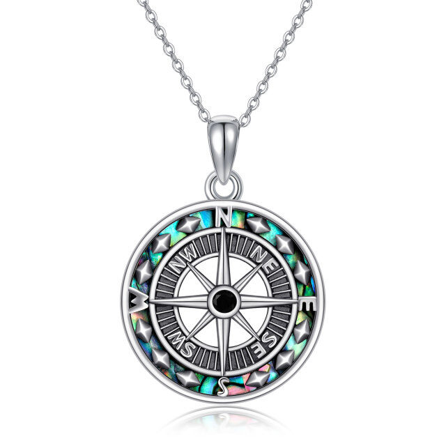 Sterling Silver Two-tone Abalone Shellfish Compass Pendant Necklace-3