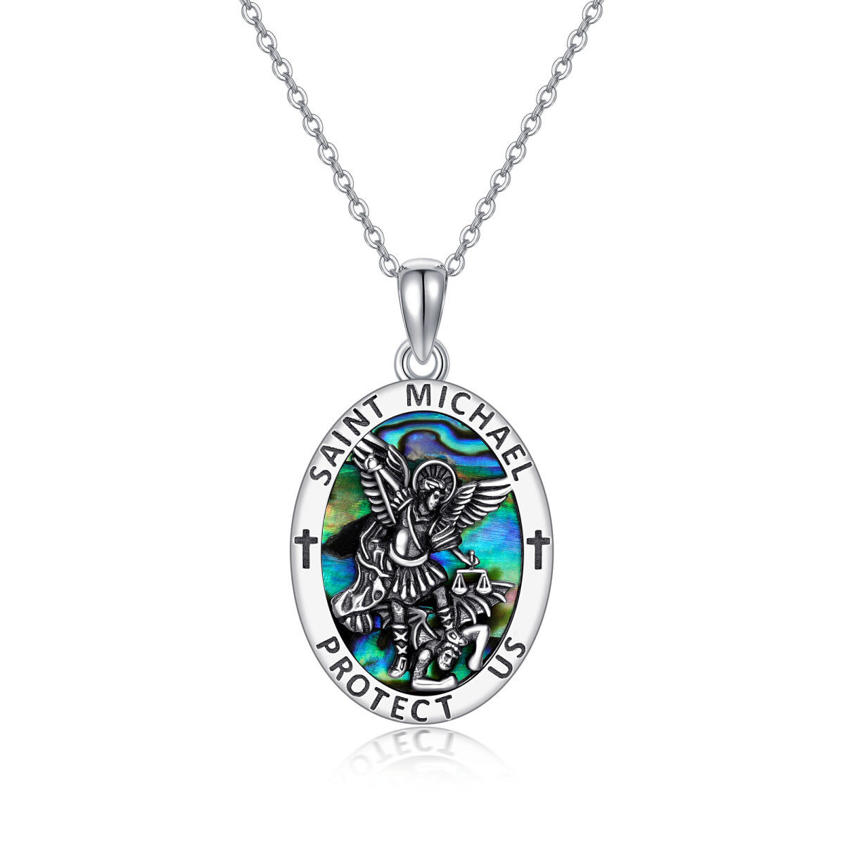 Sterling Silver Abalone Shellfish Saint Michael Pendant Necklace with Engraved Word-1