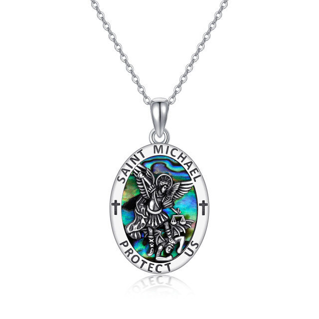 Sterling Silver Abalone Shellfish Saint Michael Pendant Necklace with Engraved Word-0