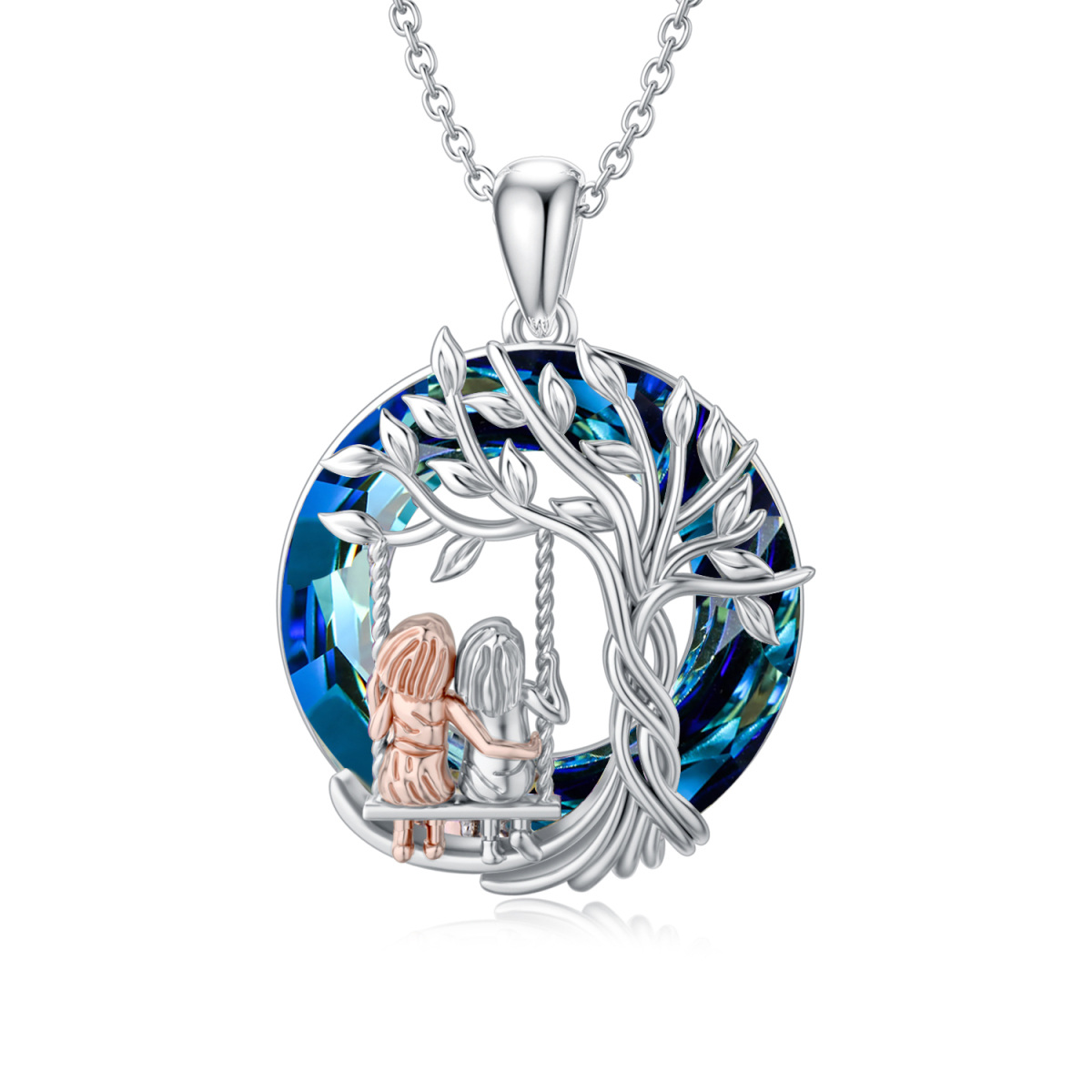 Sterling Silver Two-tone Circular Shaped Tree Of Life & Sisters & Swing Crystal Pendant Necklace-1