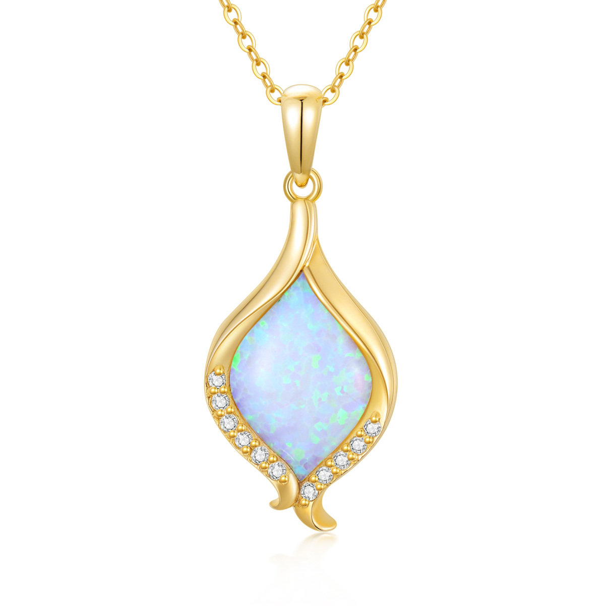 14K Gold Diamond & Opal Pendant Necklace-1