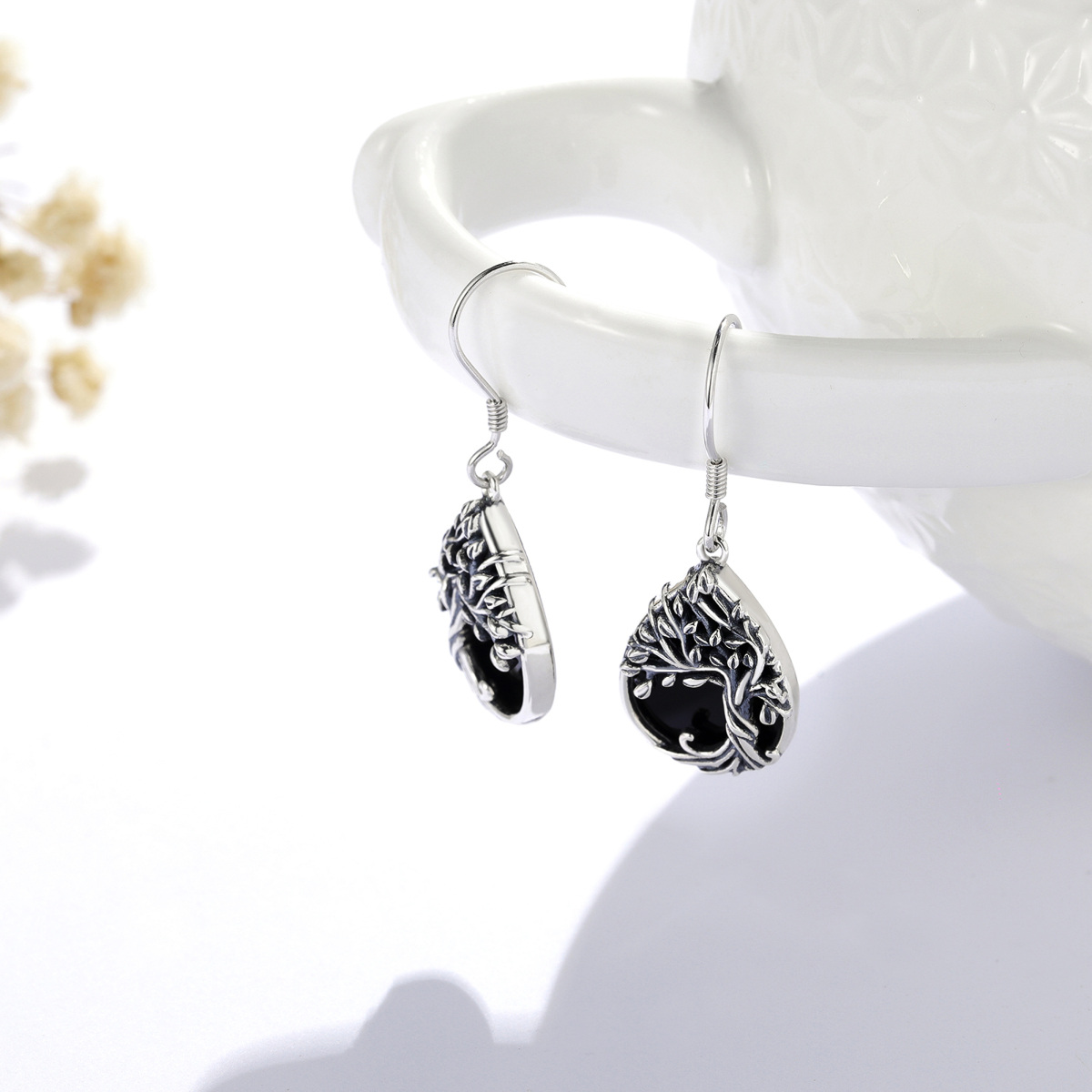 Sterling Silver Pear Shaped Agate Tree Of Life & Drop Shape Drop Earrings-4