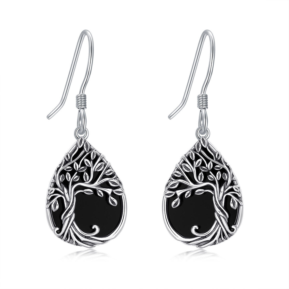 Sterling Silver Pear Shaped Agate Tree Of Life & Drop Shape Drop Earrings-1