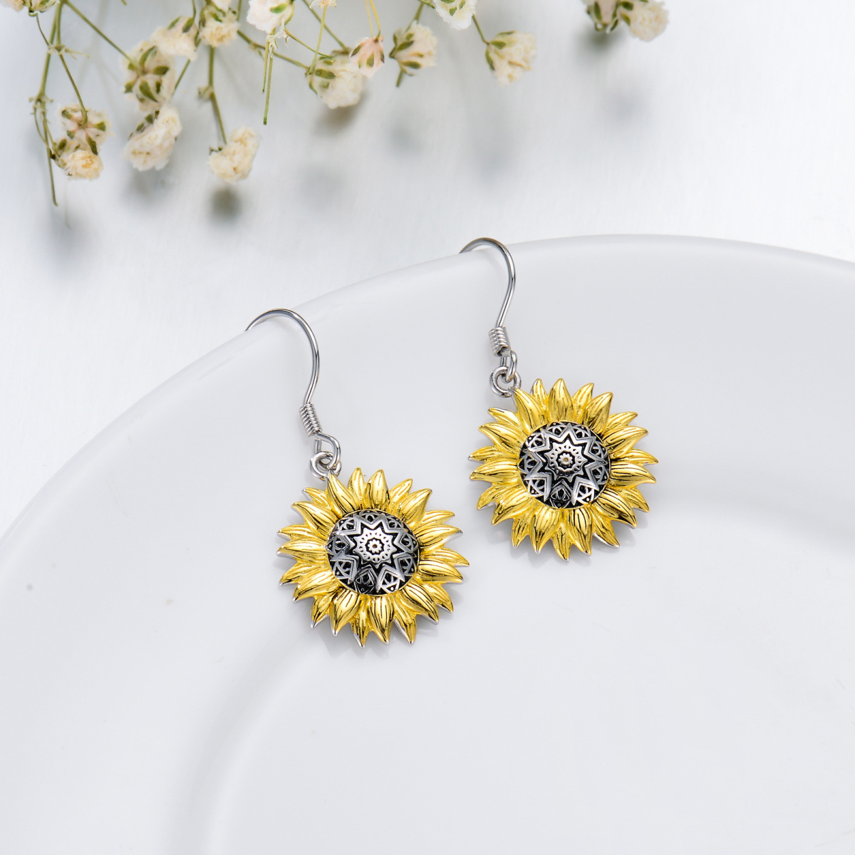 Sterling Silver Two-tone Sunflower Drop Earrings-4