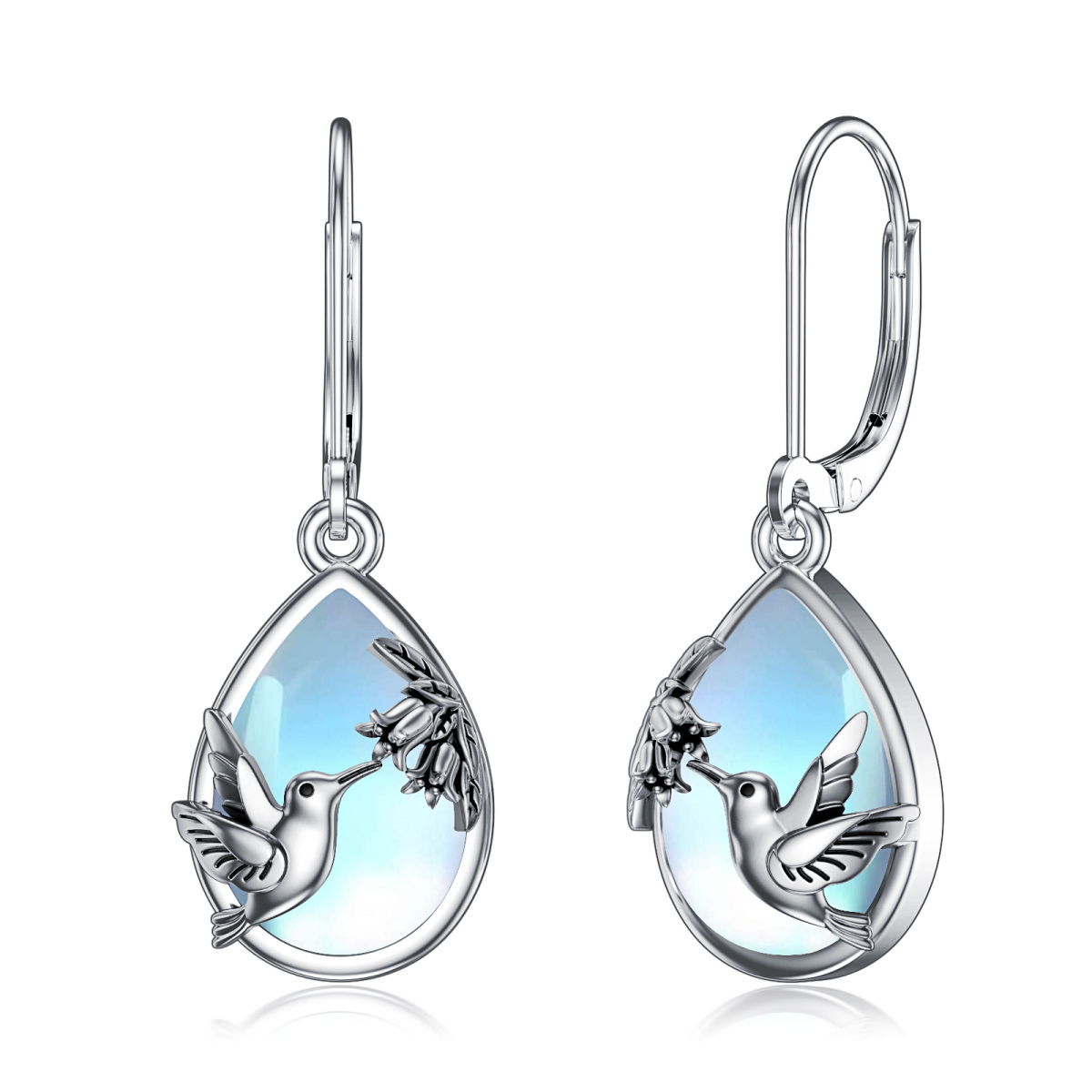 Sterling Silver Moonstone Hummingbird Lever-back Earrings-1