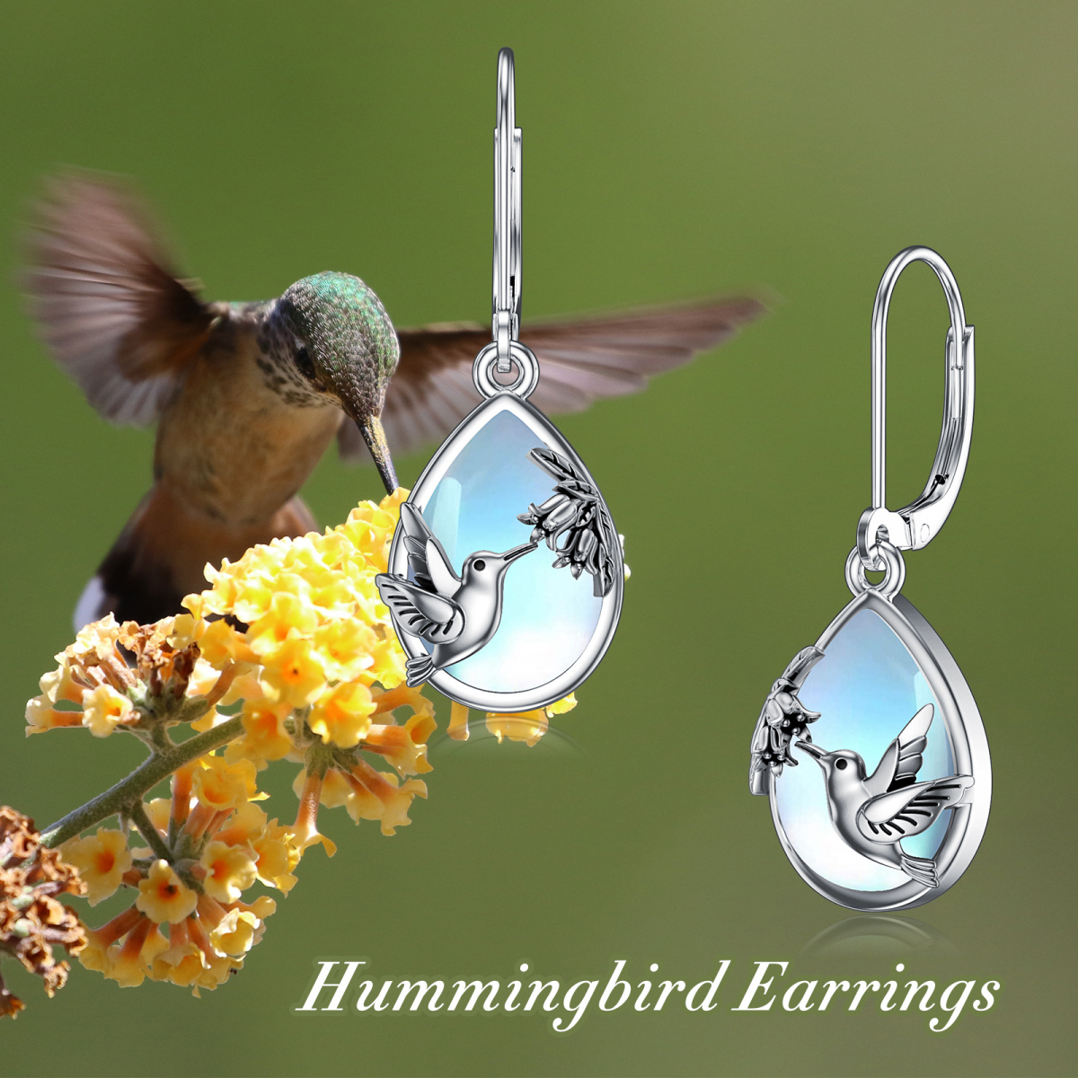Sterling Silver Moonstone Hummingbird Lever-back Earrings-6