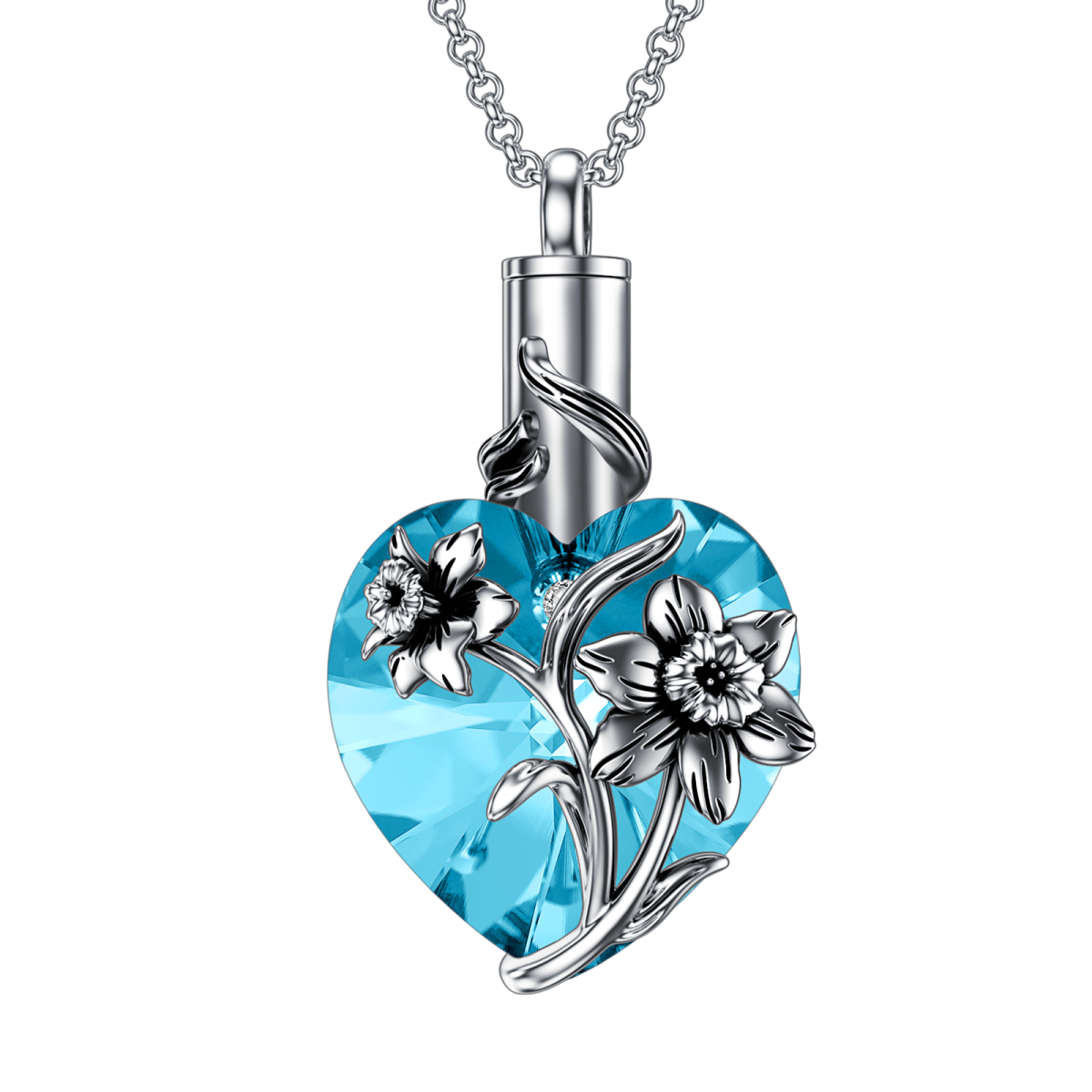 Sterling Silver Heart Shaped Crystal Daffodil & Heart Urn Necklace for Ashes-3