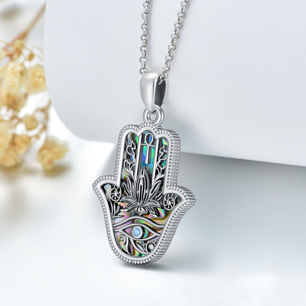 Sterling Silver Abalone Shellfish & Cubic Zirconia Lotus & Eye Of Horus & Hamsa Hand Pendant Necklace-3