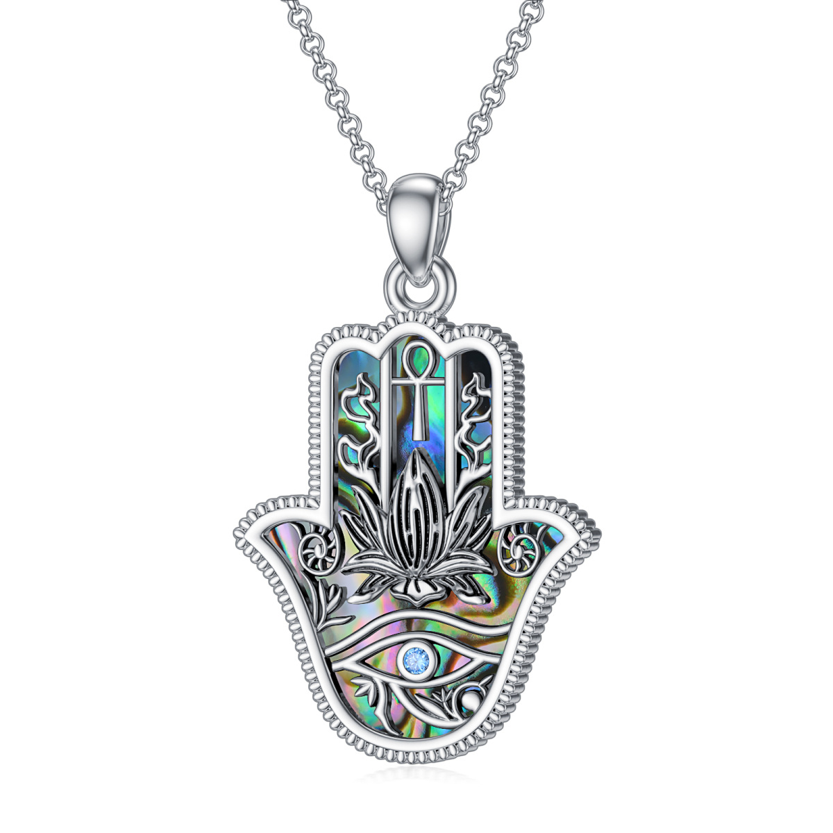 Sterling Silver Abalone Shellfish & Cubic Zirconia Lotus & Eye Of Horus & Hamsa Hand Pendant Necklace-1