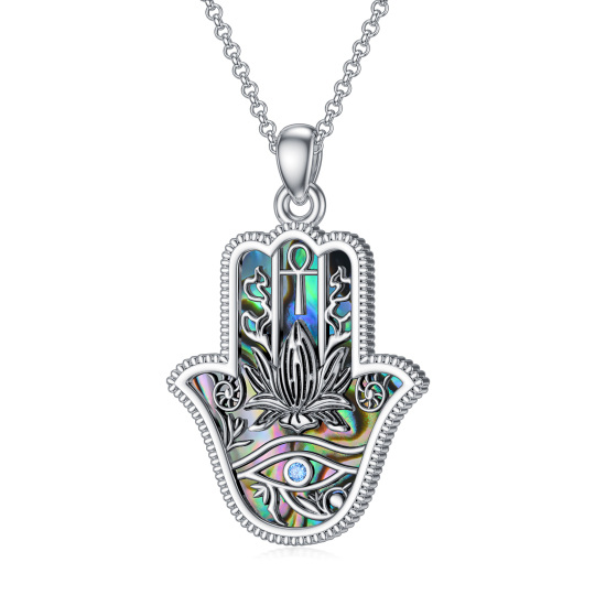 Collana in argento sterling con crostacei Abalone e zirconia cubica con ciondolo a forma di loto e occhio di Horus e mano di Hamsa