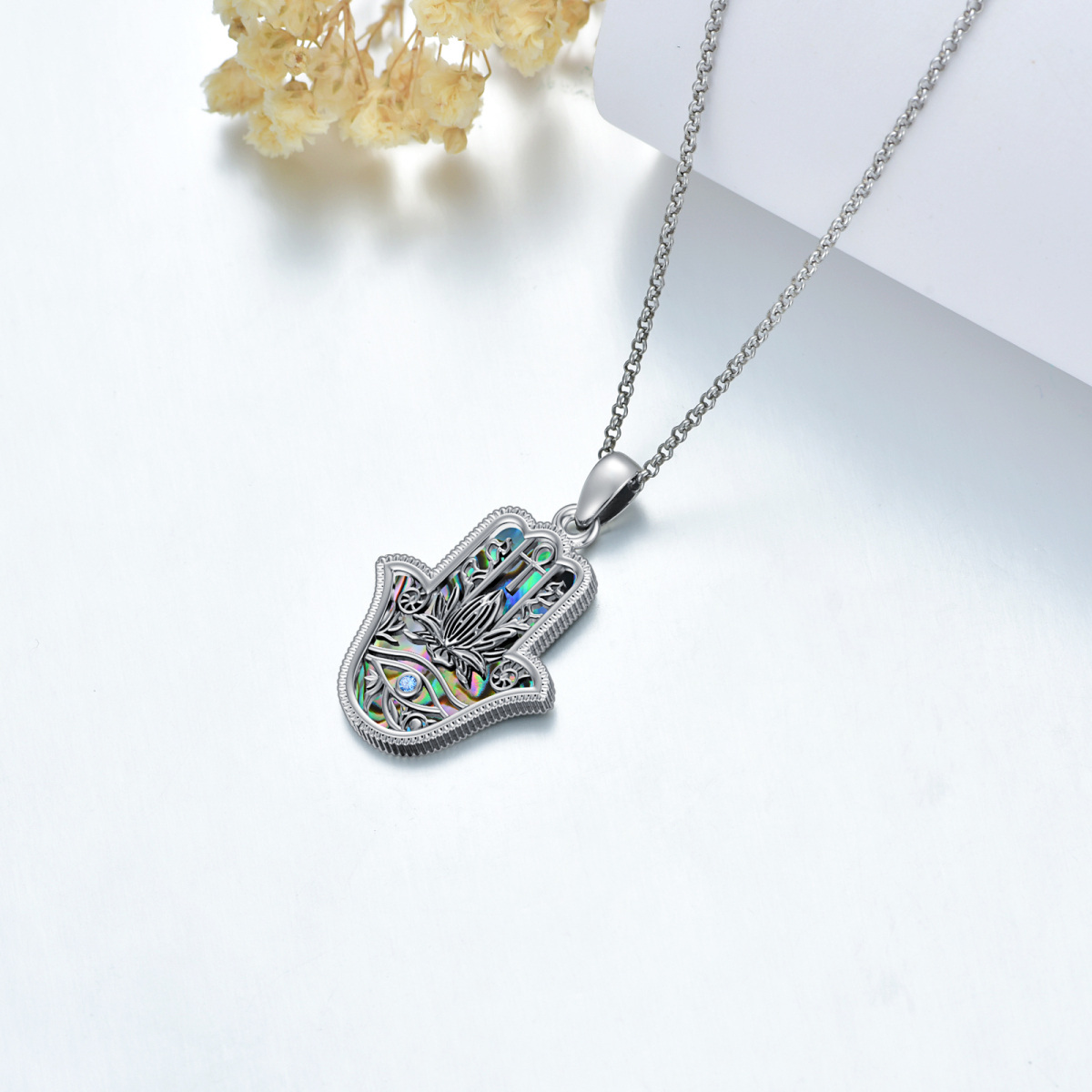 Sterling Silver Abalone Shellfish & Cubic Zirconia Lotus & Eye Of Horus & Hamsa Hand Pendant Necklace-4