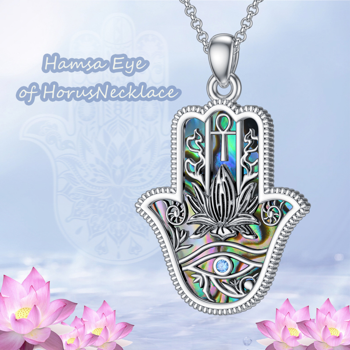 Sterling Silver Abalone Shellfish & Cubic Zirconia Lotus & Eye Of Horus & Hamsa Hand Pendant Necklace-6