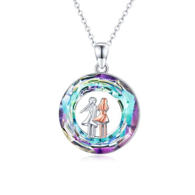 Sterling Silver Two-tone Circular Shaped Sisters Crystal Pendant Necklace-4