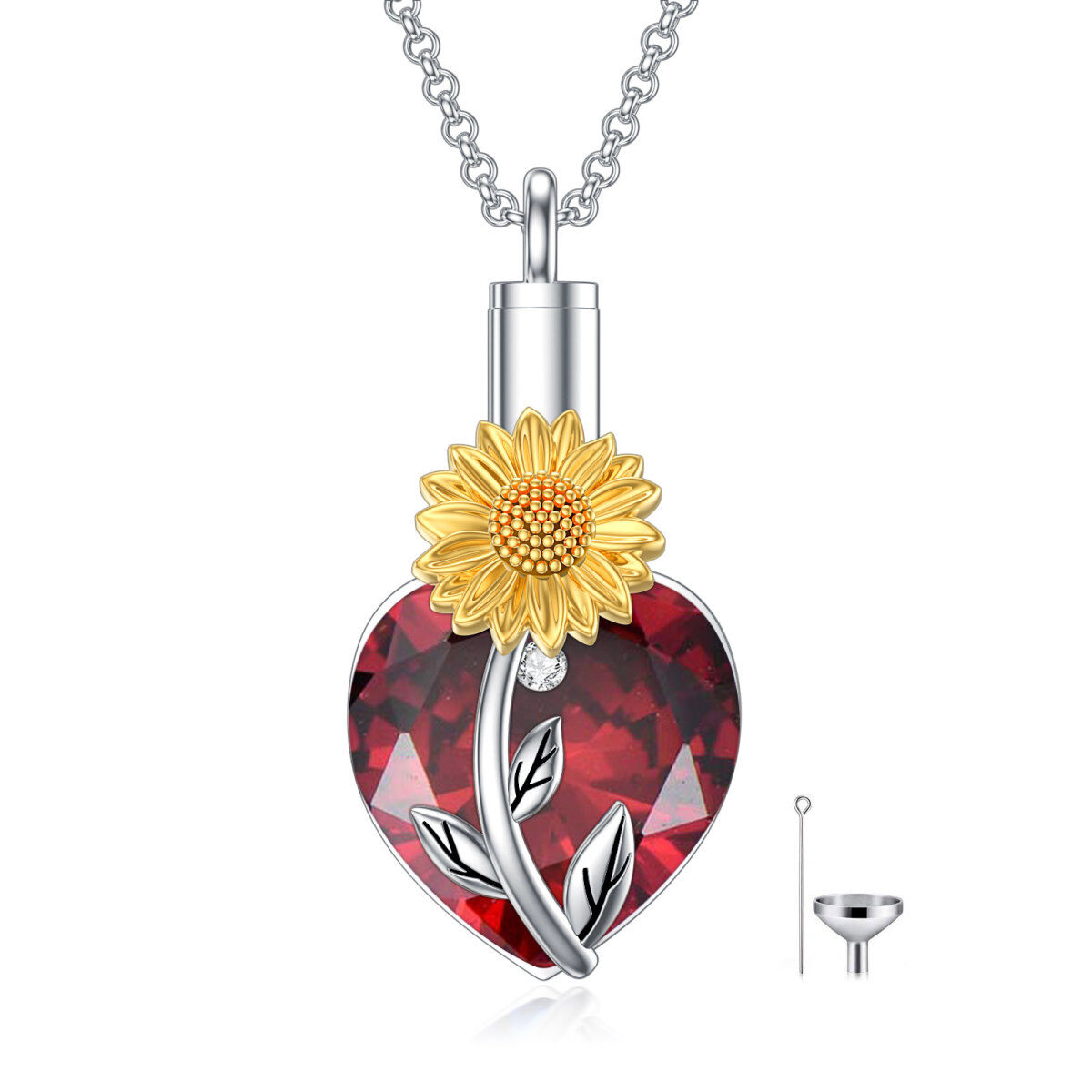 Collar de urna con forma de corazón de girasol y cristal en dos tonos de plata de ley para cenizas-1