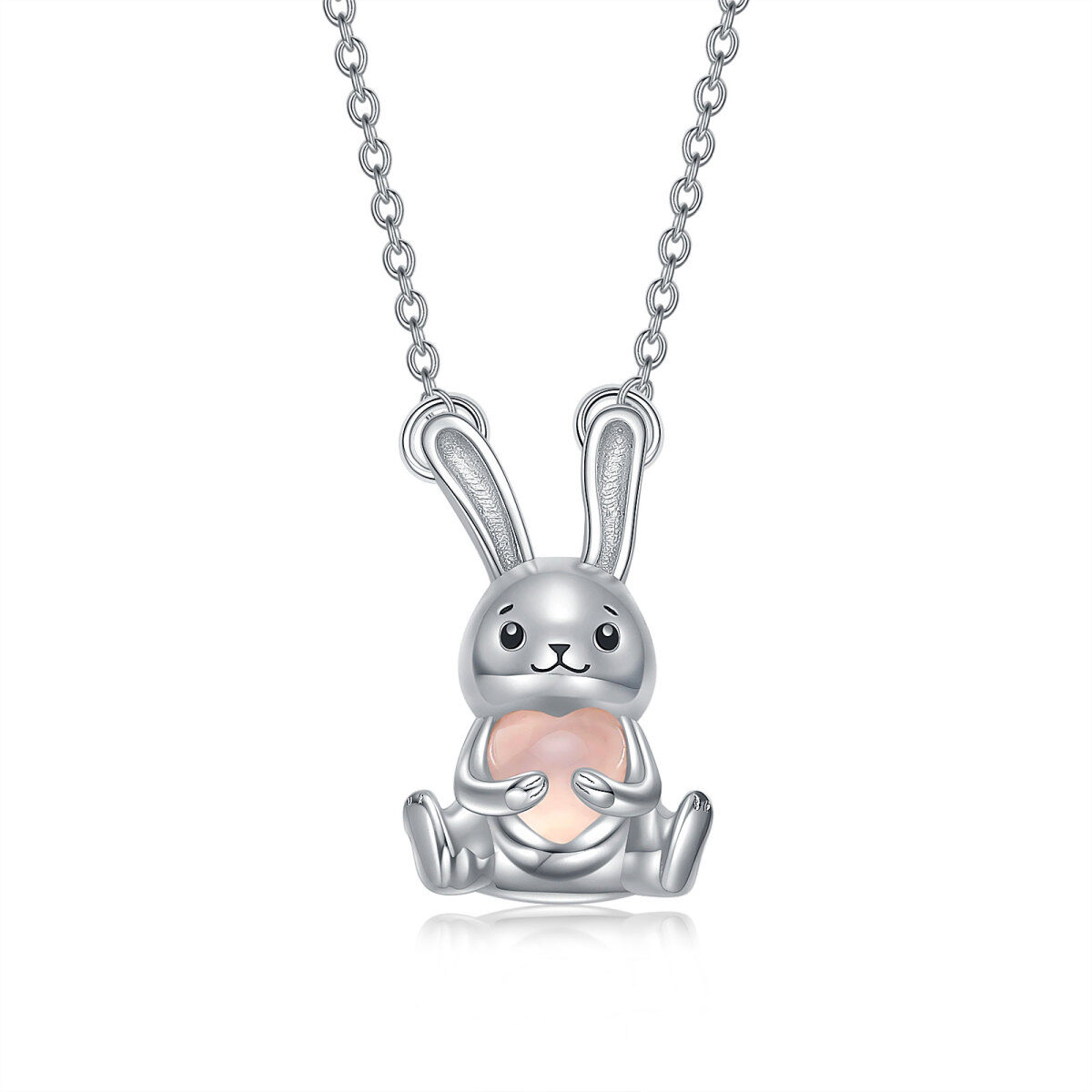 Sterling Silver Heart Shaped Rose Quartz Rabbit & Heart Pendant Necklace-1