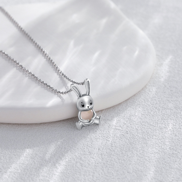 Sterling Silver Heart Shaped Rose Quartz Rabbit & Heart Pendant Necklace-3