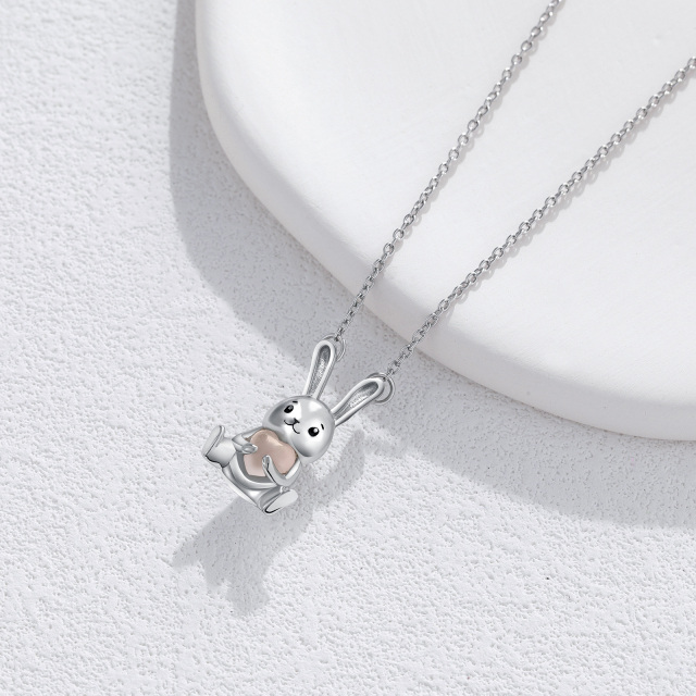 Sterling Silver Heart Shaped Rose Quartz Rabbit & Heart Pendant Necklace-4