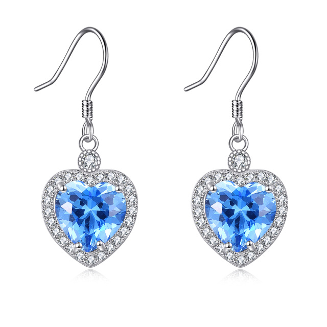 Sterling Silver Blue Cubic Zirconia Heart Drop Earrings-1