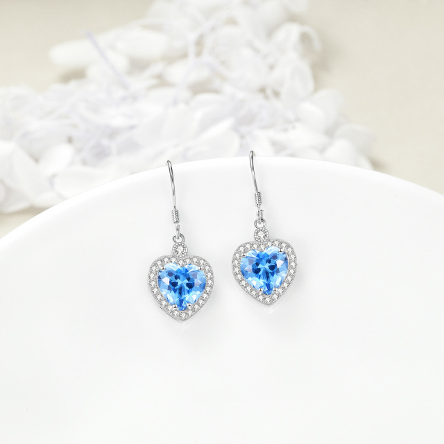 Sterling Silver Blue Cubic Zirconia Heart Drop Earrings-3